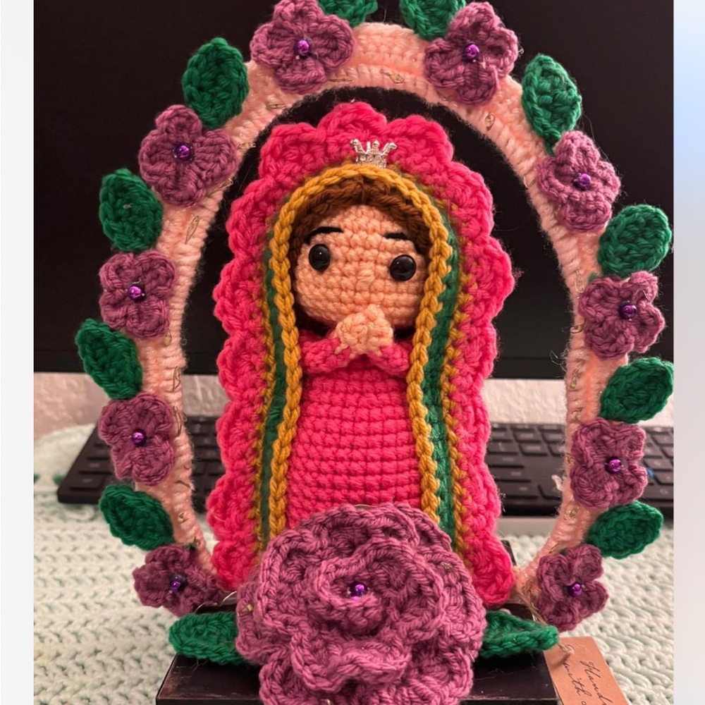 Handcrafted Pink and Green Crochet Art Piece